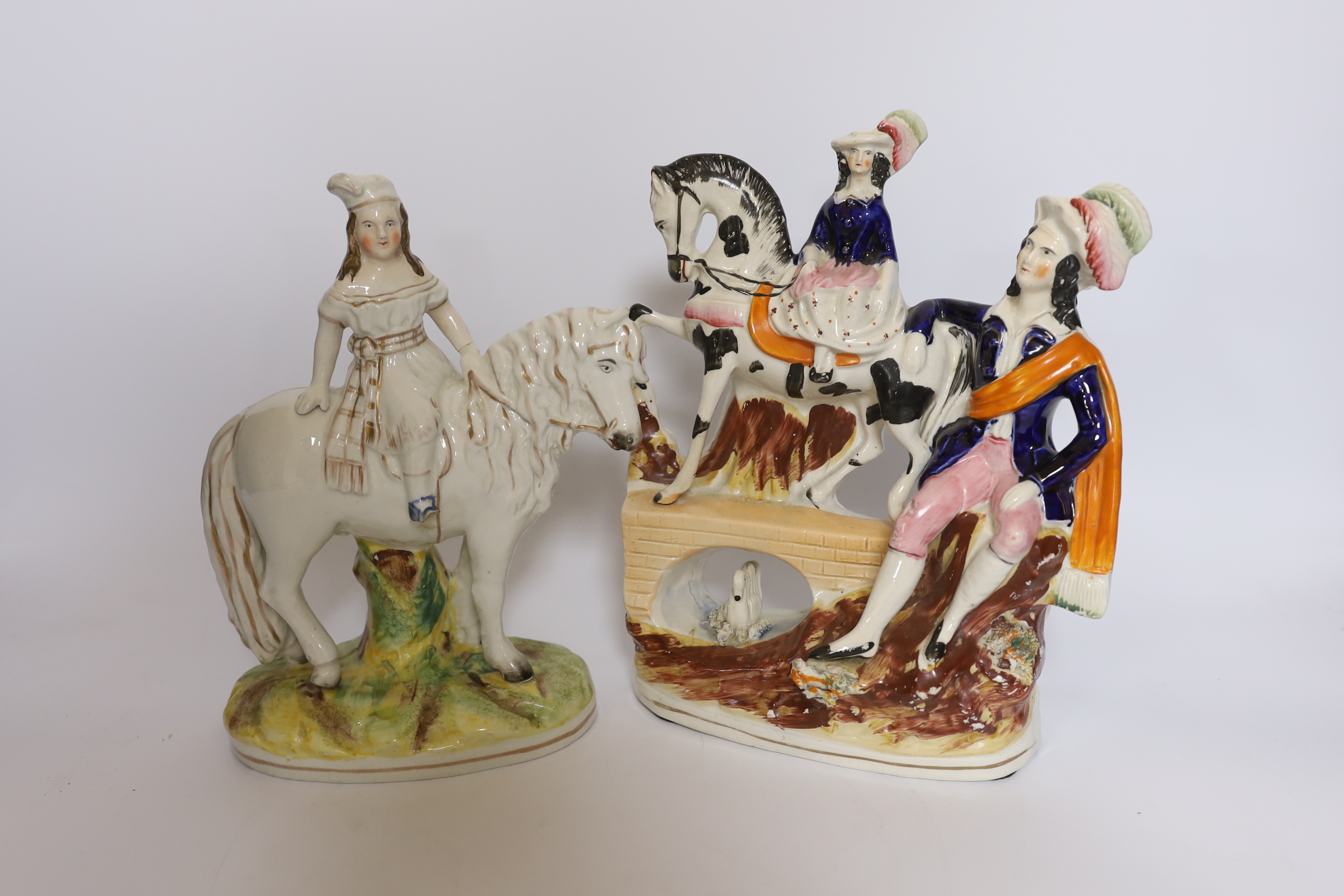 A rare Staffordshire horse group, a Princess Royal and pony group, a Palissy ware vase and a pair of stoneware thistle curtain finials, tallest 25cm